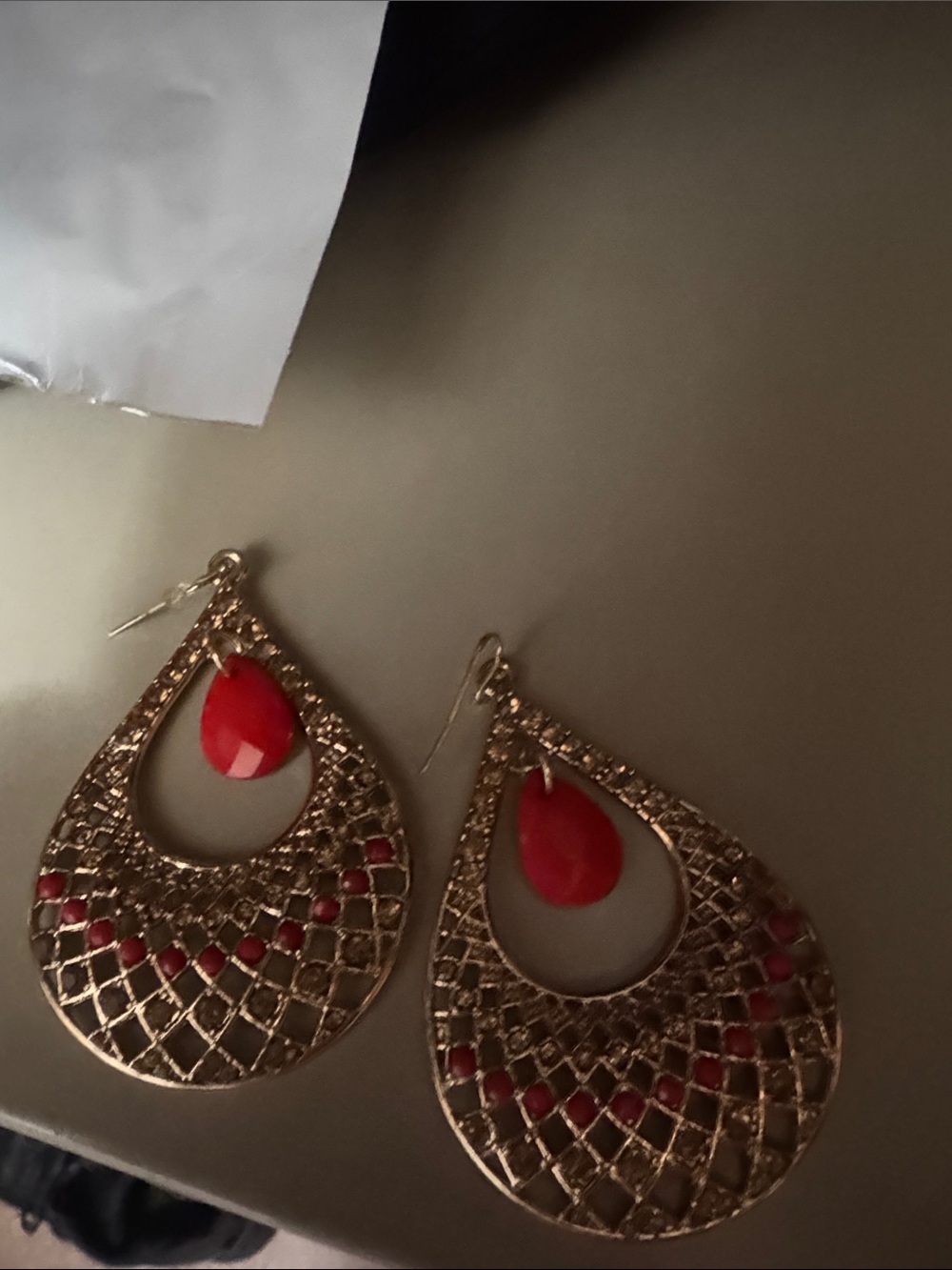 Gold-Tone Teardrop Earrings with Red Accent